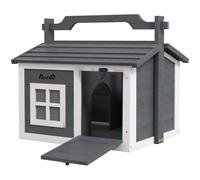 PawHut Rabbit Hutch Cat House Wooden with 2 Rooms Openable Roof Grey