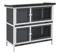 PawHut Rabbit Hutch Double Decker Cage w Roof Divider Ramp Grey