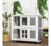 PawHut Wooden Rabbit Hutch, Small Animal House w/ Wheels, Removable Tray - Grey