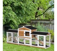 PawHut Large Rabbit Hutch Outdoor, 2-Tier Guinea Pig Hutch, Wooden Bunny Run, Small Animal House with Double Side Run Boxes, No-leak Plastic Tray, Ramp, 230 x 53 x 93.5cm, White
