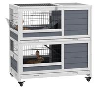 PawHut Rabbit Hutch Guinea Pig Hutch Indoor with Wheels Openable Top Grey | Wooden Small Animal House, No-Leak Plastic Trays