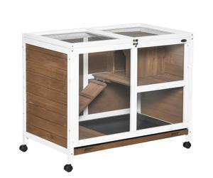 PawHut Rabbit Hutch Indoor with Wheels 2 Layers 91.5 x 53.3 x 73 cm Brown | Wooden Guinea Pig House, Hamster Cage, Bunny Cage, Openable Roof, Transparent Panel