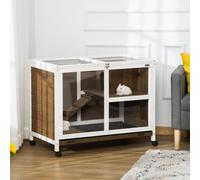 PawHut Wooden Rabbit Hutch Guinea Pigs House Bunny Small Animal Cage W/ Pull-out Tray Openable Roof Wheels 91.5 x 53.3 x 73 cm, Brown