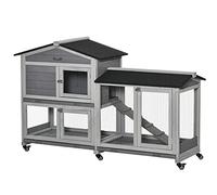 PawHut Wooden Rabbit Hutch, Guinea Pig Cage w/ Wheels, Slide-Out Tray, Ramp Light Grey, Grey