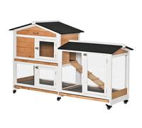 PawHut Rabbit Hutch Outdoor with Run Guinea Pig Hutch 2-Tier Bunny Cage w/Wheels No-Leak Plastic Tray 157.4 x 53 x 99.5 cm - Yellow