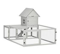 PawHut Rabbit Hutch Outdoor with Run Tray, 151.5 x 106 x 97cm, Light Grey