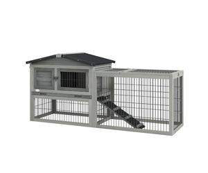 PawHut Rabbit Hutch Outdoor, Wooden Guinea Pig Hutch with Run, Openable Roof, Pull-Out Tray, Ramp for 1-2 Rabbits, 150 x 52.5 x 68 cm, Grey