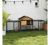 PawHut Rabbit Hutch Outdoor, Wooden Guinea Pig Hutch with Steel Run, Removable Leak Proof Tray, Water-Resistant Roof, Ramp, Small Animal House for 2-3 Bunnies, Guinea Pigs, 217 x 53 x 86 cm