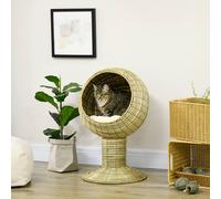PawHut Raised Cat House, Natural Mat Grass Cat Bed, Kitten Cave with Cushion, Detachable Top, Yellow, Φ41x 69 cm