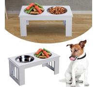 PawHut Raised Dog Bowl Stand with 2 Stainless Steel Bowls, Elevated White MDF Feeder D08-015WT