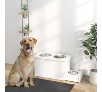 PawHut Raised Dog Bowls, Dog Feeding Station with Slow Feeder Mat, Storage Cabinet, 3 Stainless Steel Bowls, Semi-Auto Dispenser Function, for Large, Extra Large Breeds, White White