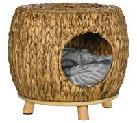 PawHut Rattan Cat House Stool, Wicker Kitten Bed for Outdoors and Indoors W/Cush