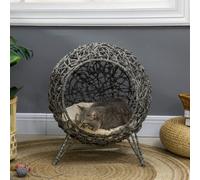PawHut Rattan Elevated Cat Bed House Kitten Basket Ball Shaped Pet Furniture w/Removable Cushion - Silver-Tone and Grey