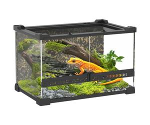 PawHut Reptile Glass Terrarium Reptile Vivarium 30 x 20 x 20 cm Black | Tree Bark Background, Front Ventilation, Escape-Proof Knob Lock, Glass Enclosure, Lizards, Horned Frogs, Snakes