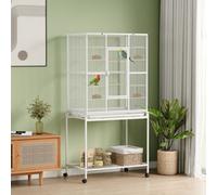 Pawhut Rolling Bird Cage W/ Detachable Stand Storage Shelf Wood Perch, White
