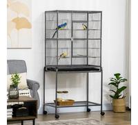Pawhut Rolling Bird Cage With Detachable Stand, Storage Shelf, Wood Perch In Black Black