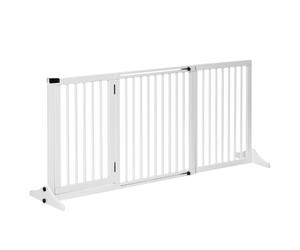 PawHut Safety Gate Dog Freestanding Barrier Adjustable Length Integrated Lockable Door Dim. 113-166L x 36W x 71H cm Pine White