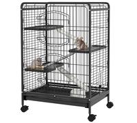 PawHut Small Animal Cage on Wheels, 3 Ramps & 3 Platforms, Food Dish & Water Bottle, Removable Bottom Tray for Rabbit, Ferret, Chinchilla, Steel & PP, 61.5x44x95cm, Black