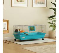 PawHut Small Animal Cage Rabbit Guinea Pigs Chinchillas Cage w/Wheels Water Bottle Food Dish Platform Ramp 89 x 44 x 43 cm Blue