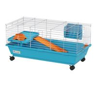 PawHut Small Animal Cage Rabbit Guinea Pigs w/Wheels 89x44x43 cm Blue | Chinchillas Cage, Water Bottle, Food Dish, Platform, Ramp