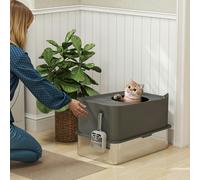 PawHut Stainless Steel Cat Litter Box, Enclosed Metal Litter Tray, Dark Grey