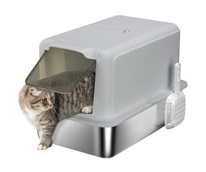 PawHut Stainless Steel Cat Litter Box with Lid, Scoop, Grey