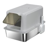PawHut Stainless Steel Cat Litter Box with Removable Lid, Scoop, Filter Bags, for Larger Cats, Grey