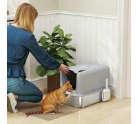 PawHut Stainless Steel Cat Litter Box, Extra Large Metal Cat Litter Tray with Lid, Scoop, Filter Bags, Grey