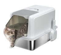 PawHut Stainless Steel Cat Litter Box with Removable Lid, Scoop, White