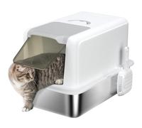 PawHut Stainless Steel Cat Litter Box with Removable Lid, Scoop, White | Extra Large Metal Cat Litter Tray, Filter Bags