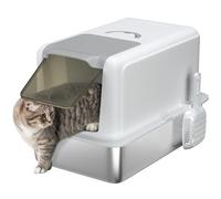 PawHut Stainless Steel Cat Litter Box with Removable Lid & Scoop, White