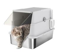 PawHut Stainless Steel Cat Litter Tray, Extra Large Enclosed Litter Box for Large Cats with Scoop, Flip Top, Easy Cleaning, Light Grey