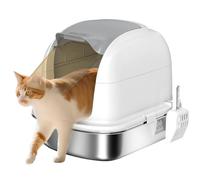 PawHut Stainless Steel Cat Litter Tray with Lid, High-Sided XL Enclosed Metal Litter Box for Big Cats with Scoop, Flip-Cover, Easy Clean