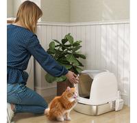 PawHut Stainless Steel Cat Litter Tray with Lid, White
