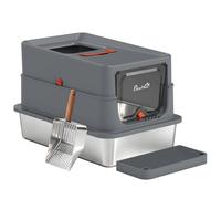 PawHut Stainless Steel Cat Litter Tray with Lid, Step, Scoop, High Side