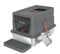 PawHut Stainless Steel Cat Litter Tray with Lid, XL 90L Enclosed Cat Litter Box with Step, Scoop, High Side, Dark Grey