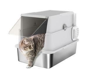 PawHut Stainless Steel Cat Litter Tray, XL Cat Litter Box, Light Grey