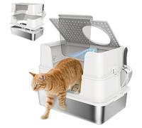 PawHut Stainless Steel Cat Litter Tray, XL Enclosed Cat Litter Box with Lid, Scoop, Side Top Dual Entry, Easy Clean, Odor Control, Anti-Leaking, Light Grey