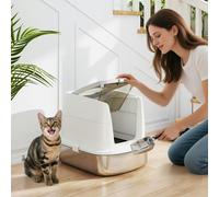 PawHut Stainless Steel Litter Box with Lid, Large Hooded Cat Litter Tray with Flip Cover, Metal Scoop, Deodoriser Bag, Non-Sticky, Odour Control and Easy Clean, White