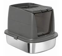 PawHut Stainless Steel Litter Box with Lid, Large Hooded Cat Litter Tray with Flip Cover, Metal Scoop, Deodoriser Bag, Non-Sticky, Odour Control and Easy Clean, Dark Grey