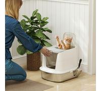 PawHut Stainless Steel Litter Box with Lid, Large Hooded Cat Litter Tray with Flip Cover, Metal Scoop, Deodoriser Bag, Non-Sticky, Odour Control and Easy Clean, White