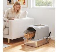 PawHut Stainless Steel Litter Box with Lid, Extra Large Hooded Cat Litter Tray for Big Cats with Front-Entry and Top-Exit, Metal Scoop, Deodorizer Bag, Non-Sticky, Odour Control and Easy Clean