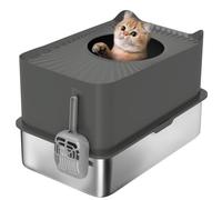 PawHut Stainless Steel Litter Box Extra Large Cat Litter Tray Dark Grey | Enclosed Design, Scoop Included, Top Entrance, Non-slip Pads, Easy to Clean, Never Absorbs Odors