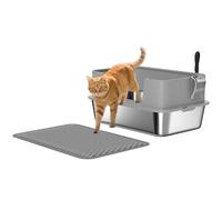 PawHut Stainless Steel Litter Box, High Sided Cat Litter Tray with Metal Scoop, Litter Mat, Never Absorbs Odors, Anti Leakage & Easy to Clean, Pet Toilet for Big Cats, Grey