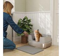 PawHut Stainless Steel Litter Box, High Sided Cat Litter Tray with Metal Scoop, Mat, Never Absorbs Odors, Anti Leakage & Easy to Clean, Pet Toilet for Big Cats, Grey Grey