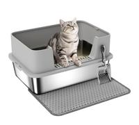 PawHut One Size Grey Stainless Steel High Sided Cat Litter Tray with Scoop
