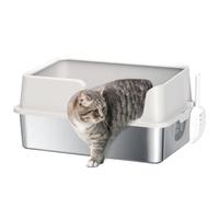PawHut Stainless Steel Litter Box, High Sided Metal Cat Litter Tray with Detachable Rim, Scoop, Easy Cleaning, Odour-Resistant, 60 x 40 x 28 cm