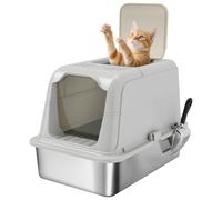 PawHut Stainless Steel Litter Box w/Lid Metal Scoop, Big Cats Light Grey | Extra Large Hooded Cat Litter Tray, Front-Entry and Top-Exit, Deodorizer Bag, Non-Sticky, Odour Control, Easy Clean