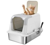 PawHut Stainless Steel Litter Box w/Lid Metal Scoop, Big Cats White