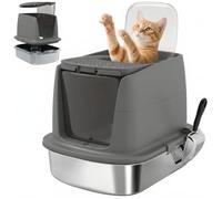 PawHut Stainless Steel Litter Box with Lid, Dark Grey